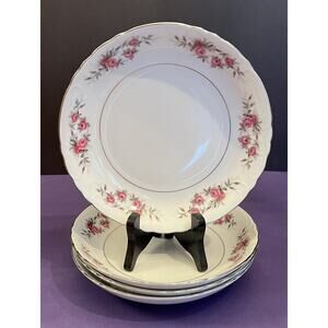 (4) Vintage Roslyn Kyoto Japan Soup Bowls Pink Roses Gray Leaves Platinum Trim